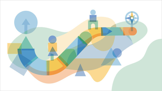 Abstract geometric shapes and colorful wavy lines forming a playful path.