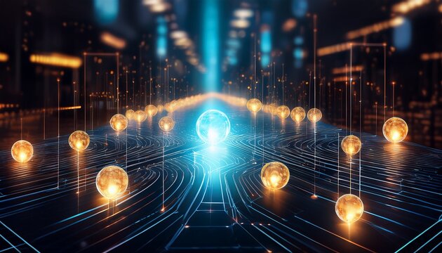 depict a digital marketplace where profits are visualized as glowing orbs of energy circulating between buyers and sellers