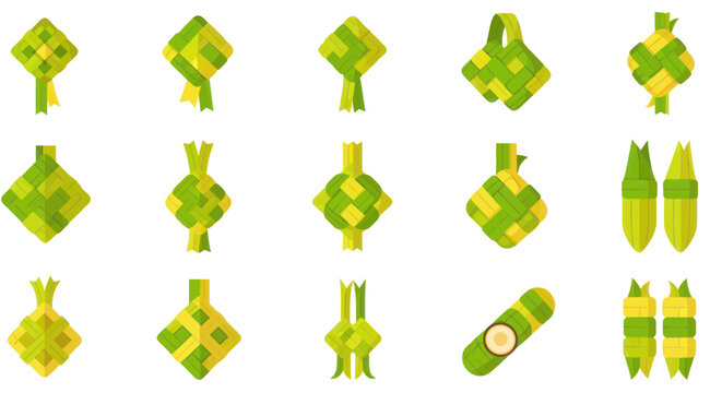 Southeast asian traditional rice dumplings and lemang icons set