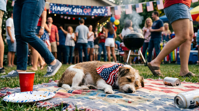 A small dog wearing an american flag bandana sleeping on a blanket
