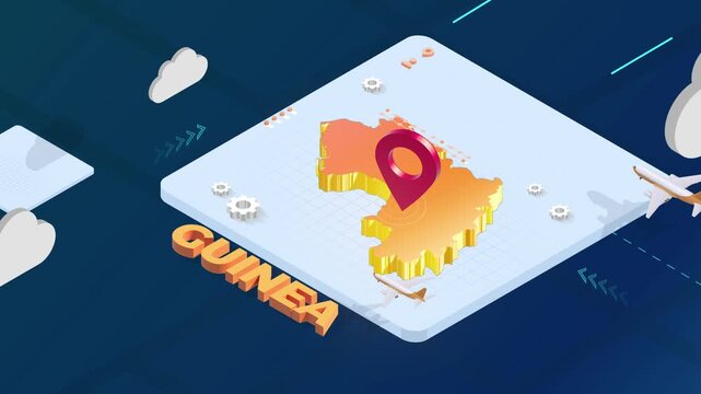 Isometric 3D Render of Guinea Map with Red Location Pin Pointer and Floating Airplanes