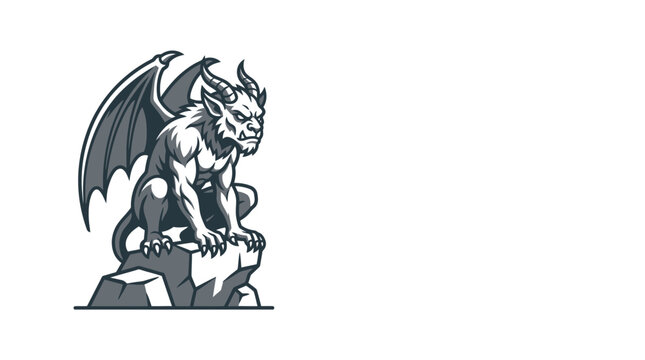Mythical creature gargoyle statue on rocky perch detailed illustration