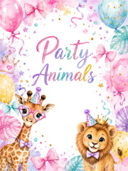Naklejka premium Party animals birthday invitation template with cute giraffe and lion, pastel balloons, confetti and watercolor floral accents for kids events. Vector illustration.