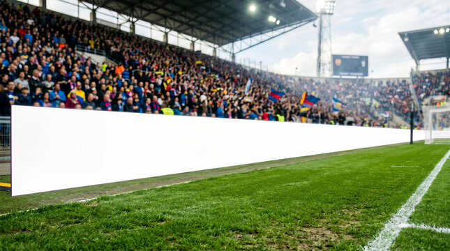 Blank LED Advertising Board on Football Stadium Sideline with Crowd Background