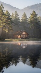 Obraz premium Misty forest scene reflection at sunrise, ethereal woodland landscape