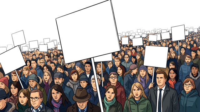 Large Crowd of People Protesting Together with Blank Signs and Banners for Demonstrations Strikes Revolution Rallies and Political Activism