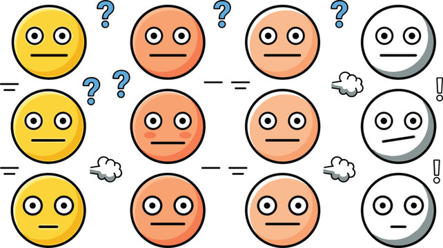 Confused deadpan emoji face vector icon set featuring staring expression poker face neutral emoticon characters with question marks for mood concept design
