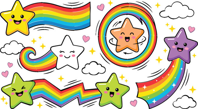 Cute kawaii shooting stars and rainbows vector element set featuring smiling cartoon star characters colorful rainbow trails clouds hearts and sparkles for kids design