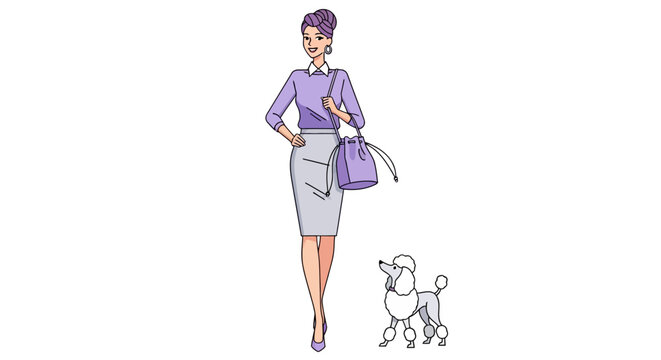 Elegant woman walking small poodle on leash.