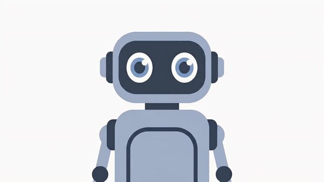 Cute 2D vector animation of a friendly blue robot blinking on a white background