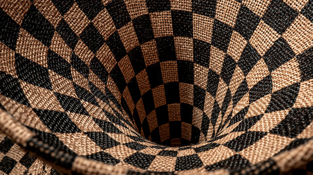 Warped Fabric Tunnel: A dizzying vortex of checkered fabric pulls the viewer into an optical illusion of infinite depth.
