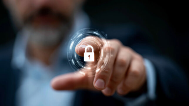 Premium zero trust security concept, realistic businessman hand activating a glowing white and silver holographic layered access verification interface, futuristic zero trust archi