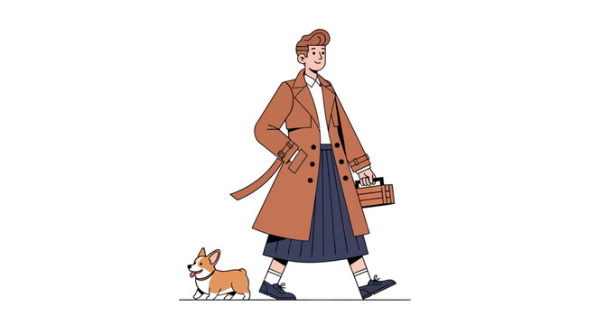 Woman walking her corgi dog in stylish winter coat.