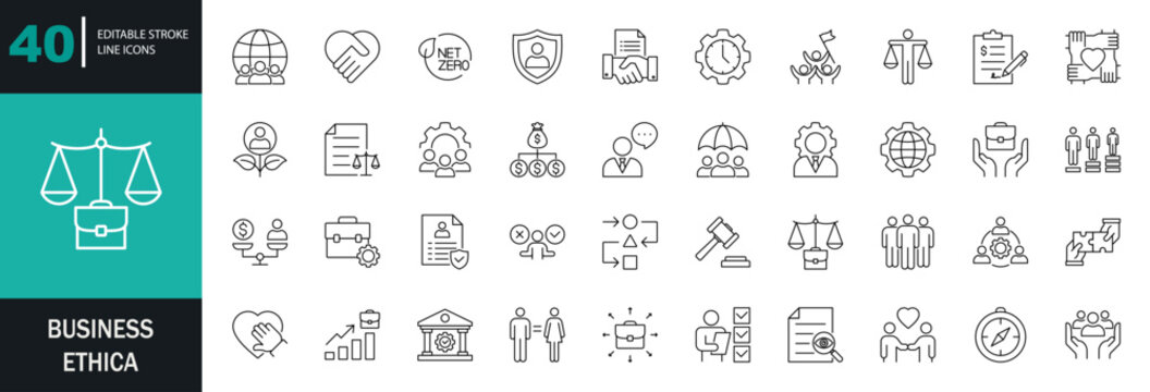 Business ethics icon set. Moral standards, values, principles, honesty, fairness, trust, equality, compliance, anti-corruption, responsibility. Editable line icons. Vector illustration.
