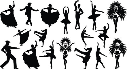 Dance Performer Silhouette Collection Featuring Ballet Flamenco Ballroom Carnival and Breakdance Entertainment Vector Set © MISBIJLY
