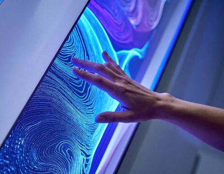 Close-up of a hand interacting with a futuristic glowing digital display.