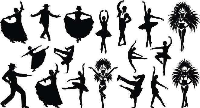 Dance Performer Silhouette Collection Featuring Ballet Flamenco Ballroom Carnival and Breakdance Entertainment Vector Set