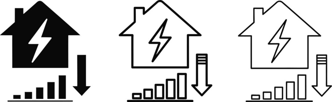Energy efficiency icons with house, lightning bolt and decreasing bar chart