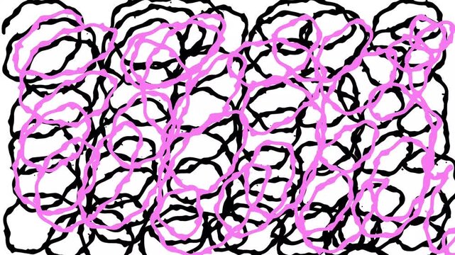Energetic pink and black tangled scribble loops on dark background, bold abstract crayon texture with chaotic handmade movement with modern creative style