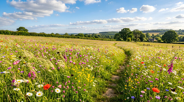 A vast wildflower meadow with a winding path through colorful blooms, framed by a bright blue sky and peaceful countryside scenery.