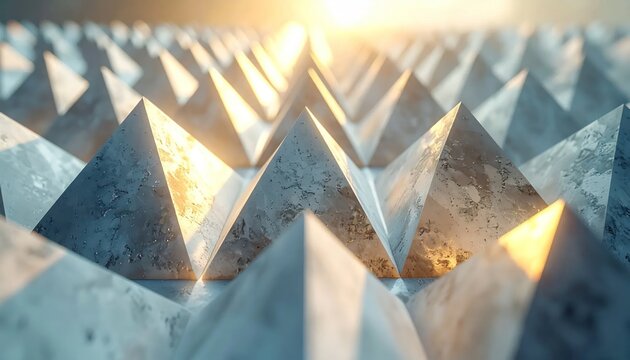 Abstract Geometric Pyramid Landscape with Golden Sunlight.
