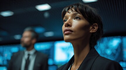 Obraz premium Woman and man looking up in a room with screens