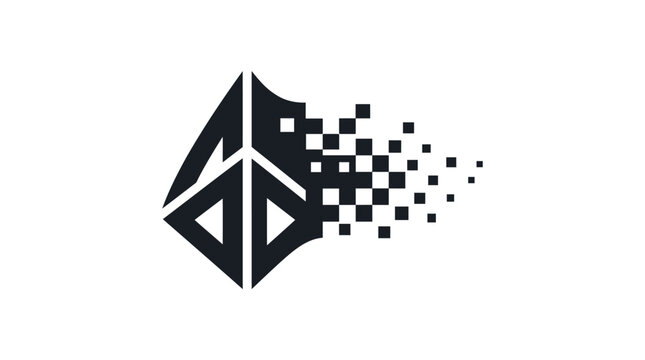 Abstract digital shield logo with pixel disintegration effect.