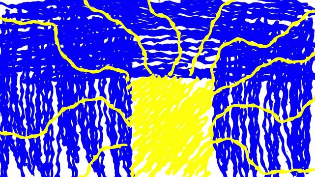 Bold blue and yellow abstract scribble texture with branching lines and bright central shape, energetic hand drawn electric pattern on white