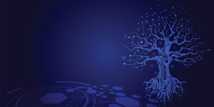 Digital tree with circuit roots blue vector illustration on dark background