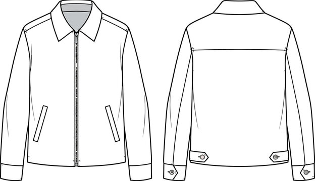 Technical sketch of a classic harrington jacket with front zipper, collar, side pockets, and adjustable button tabs on the back hem and cuffs