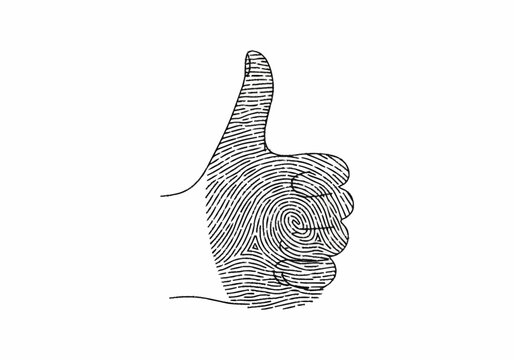 Human hand with fingerprint texture giving a thumbs up gesture.