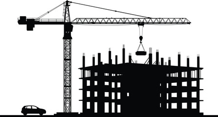 Tower crane and building under construction silhouette with urban development engineering vector illustration © Maverick Creations