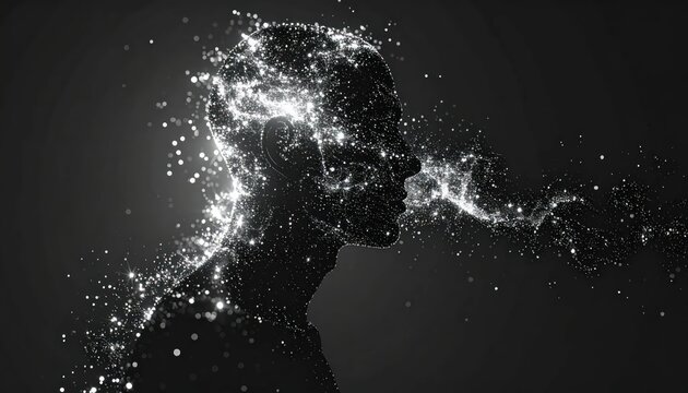 Abstract Human Head Exploding with Light Particles and Connections.