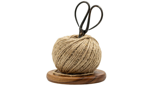 Rustic twine ball on a wooden base with vintage scissors for craft and diy projects