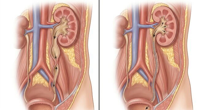 Detailed anatomical illustration of human urinary system with kidney and ureter