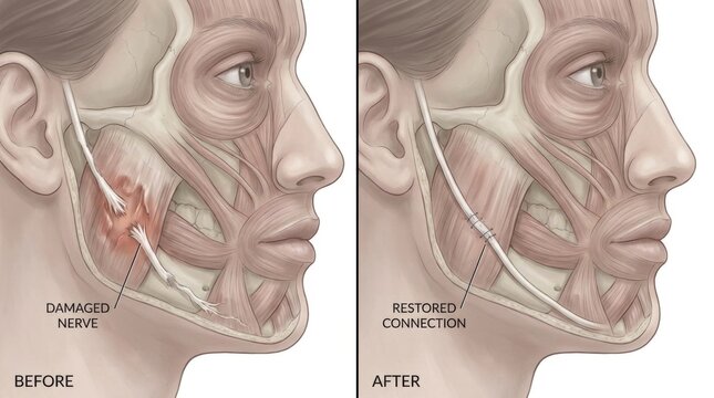 Facial nerve repair before and after surgical intervention illustration