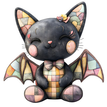 Stuffed black kitty with pastel bat wings with sweet fantasy cat with wings, soft cutecore cat design for stock design