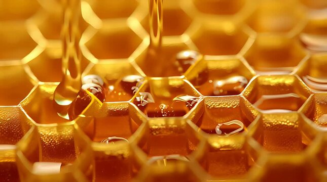 Fresh golden honey pouring into a detailed wax honeycomb structure.
