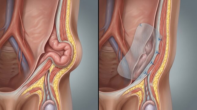 Anatomical illustration shows inguinal hernia repair with mesh implantation