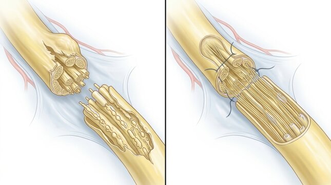 Illustration of bone healing process after a fracture with detailed anatomy