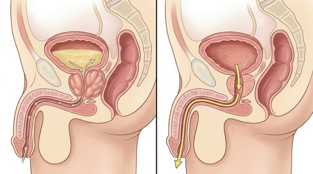 Anatomical illustration comparing normal and enlarged prostate gland function