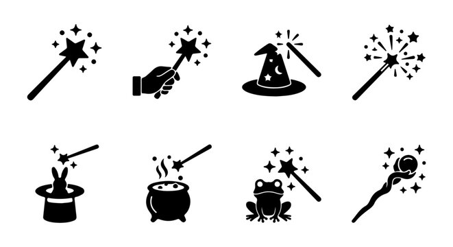 Magic Wand Icons, Wizard Hat, Witch Cauldron, Conjuring Symbols, Fantasy Vector Set