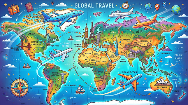 Colorful world map with country flags and landmarks illustration