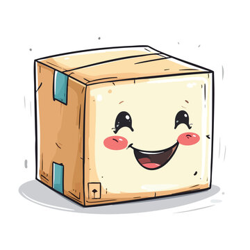 A cute cartoon cardboard box with a happy smiling face.