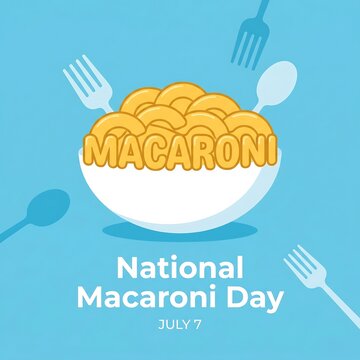 National macaroni day graphic with macaroni in a bowl and utensils on blue background