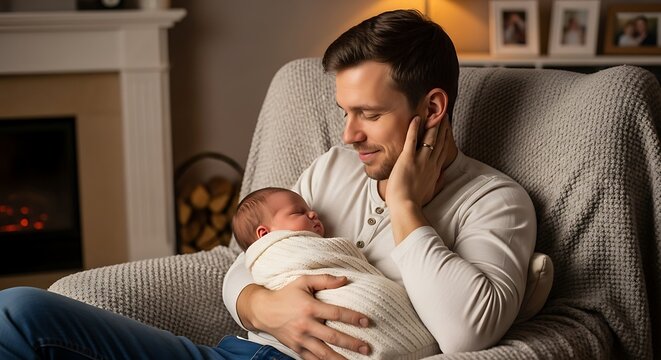 Loving Caucasian father tenderly cradling his newborn infant in a warm cozy living room setting, capturing a beautiful intimate life moment of early paternity and proud fatherhood bonding.