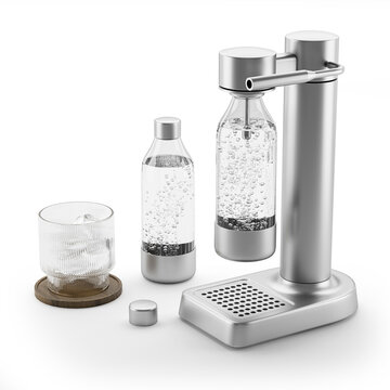 A high-quality 3D render of a modern silver soda maker machine for carbonated water, featuring a sleek metallic design. This professional 3D visualization captures the essence of pure refreshment, exc