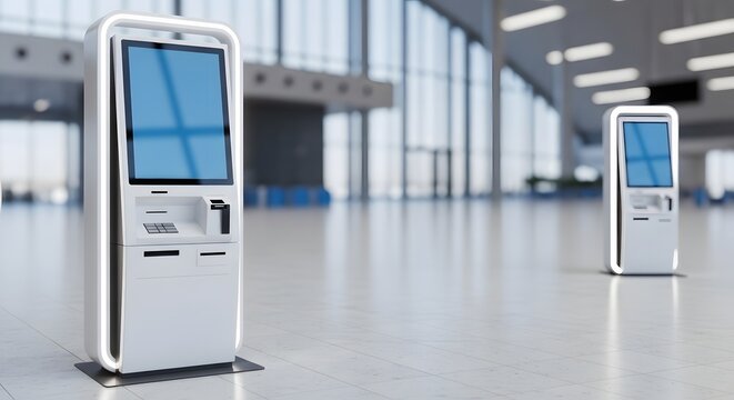 Modern self-service kiosks with blank screens in a spacious, bright airport terminal or exhibition hall, ready for interactive use.