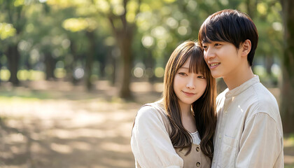 Obraz premium Romantic Young Japanese Couple Embracing in Sunny Green Park