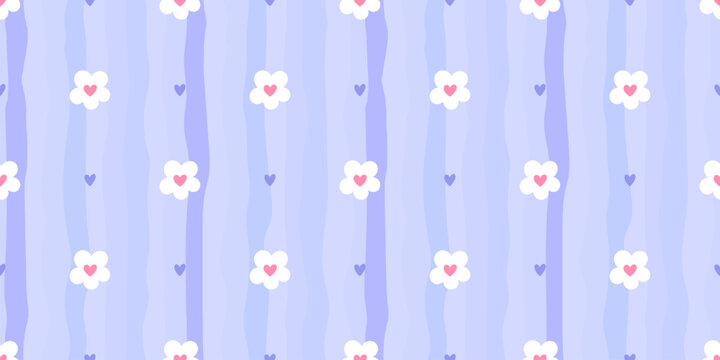 Floral watercolor seamless with flower kids cute for stripe spring pattern. Daisy gingham bg with summer easter illustration for nature ditsy delicate. Motif tiny nursery with coquette light.